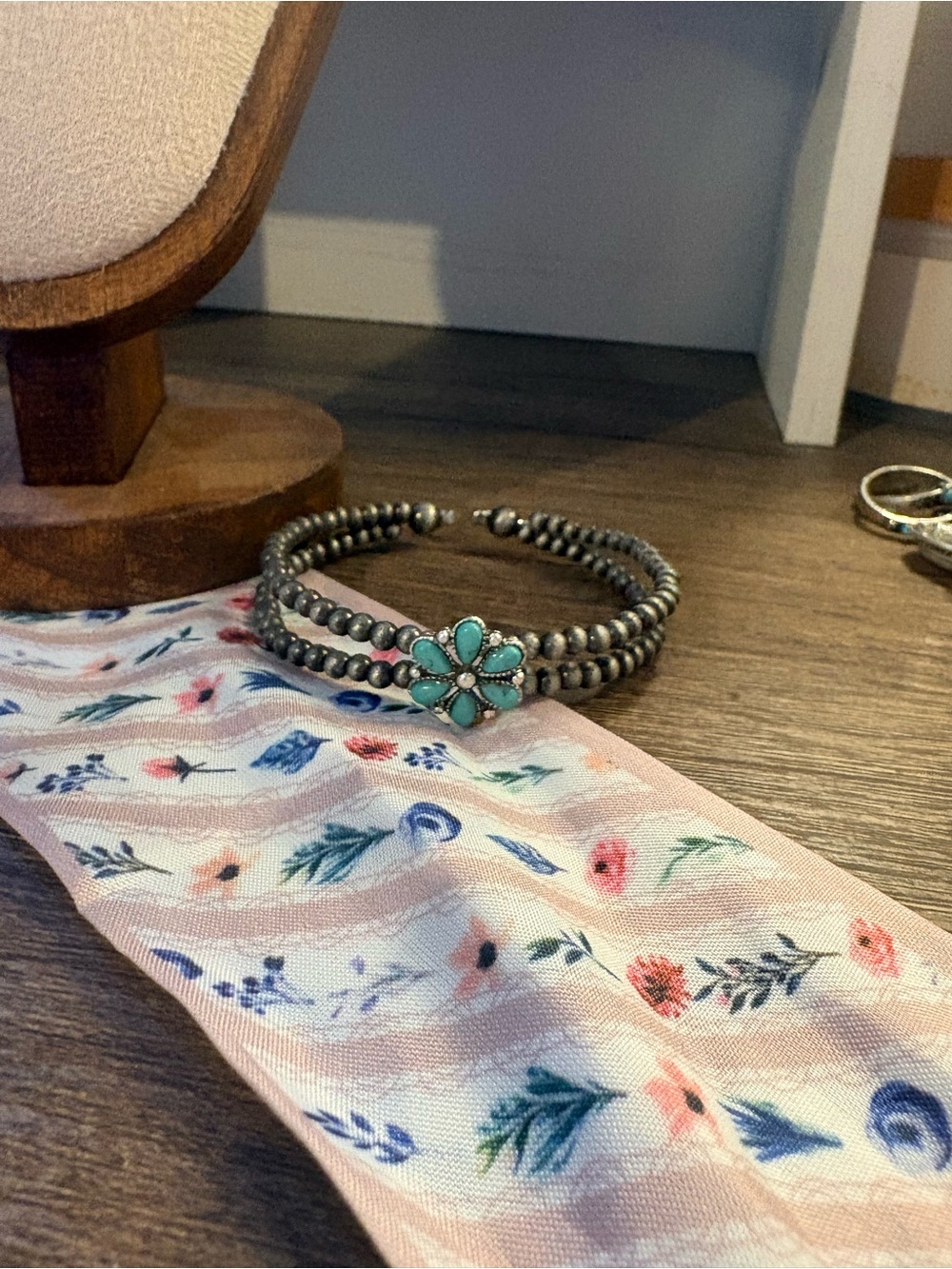 Turquoise Flower Bead Cuff Bracelet - Women's Jewelry